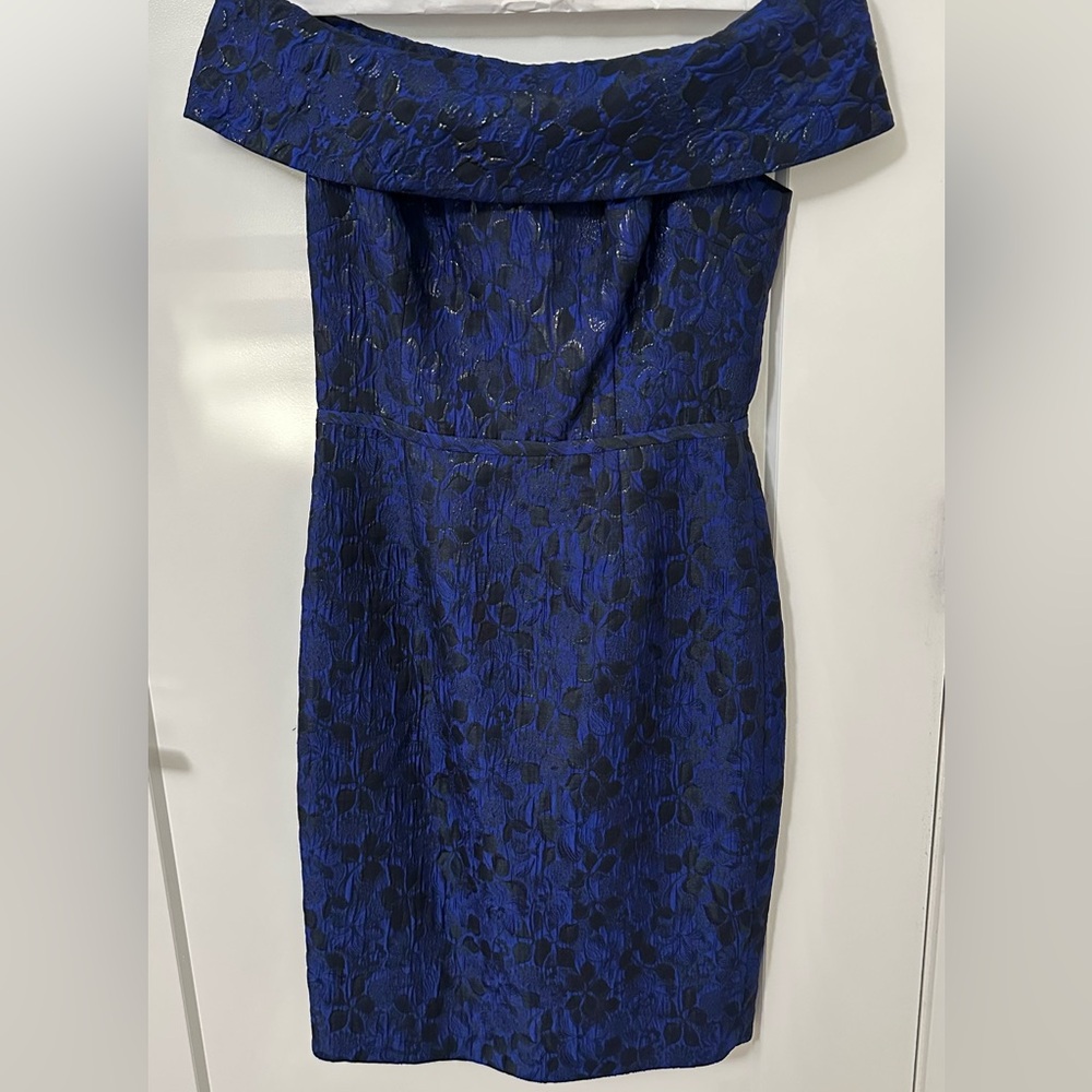 Teri Jon One-Shoulder Royal Blue and Black Floral Jacquard Dress
